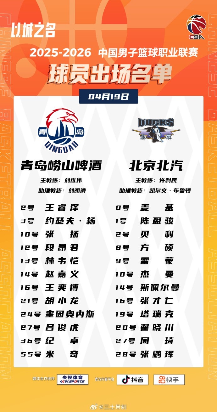 青岛VS北京大名单：基诺内斯将迎首秀 麦基&amp;周琦出战 范子铭轮休